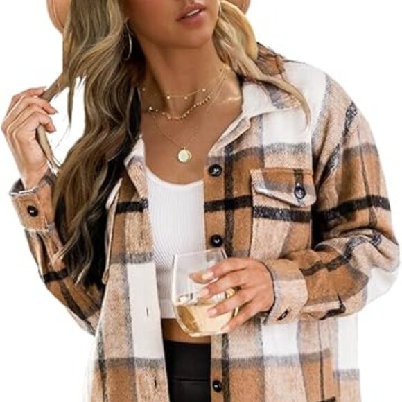 Sweaters - Women's Long Sleeve Plaid Brown Button Down Flannel Shacket Shirt Size Small